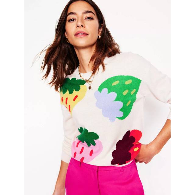 Boden Lydia Strawberries Pure Cashmere Jumper, Ecru/Multi