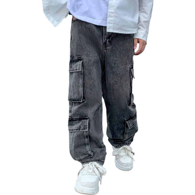 SHEIN Tween Boy Fashion Casual Black Baggy Straight-Leg Cargo Jeans For Dailywear And Fall Clothes
