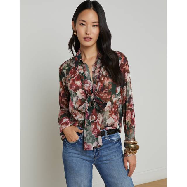Basil Floral Blouse with Neck Scarf - SAGE MULTI SOFT CLOUD FLORAL - Small