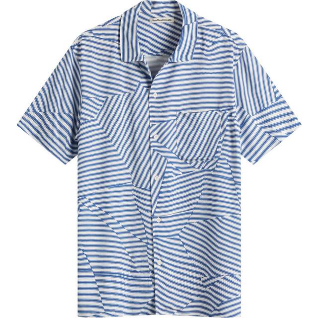 YMC You Must Create, Short Sleeve Shirts, male, Blue, L, Malick Striped Cuban Collar Shirt