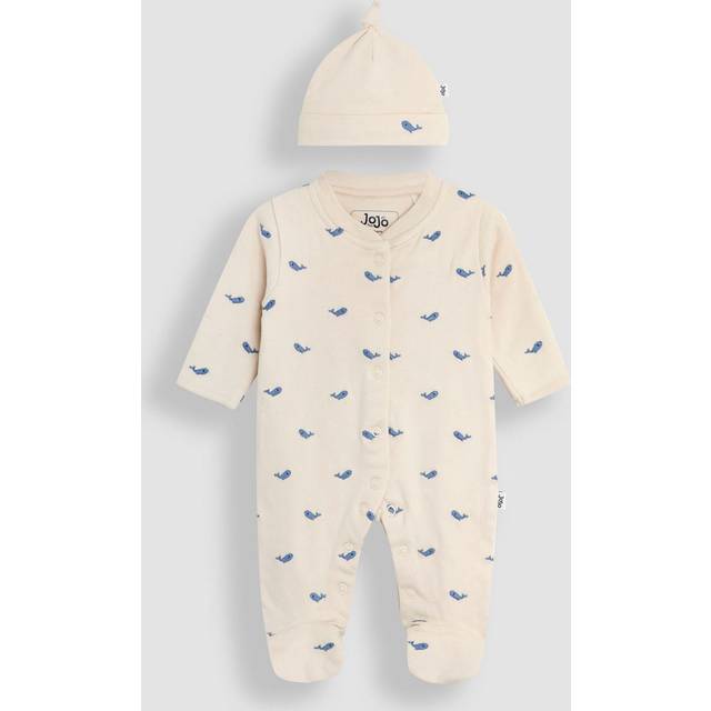 JoJo Maman Bébé Baby Cotton Embroidered Sleepsuit & Hat Set, Stone