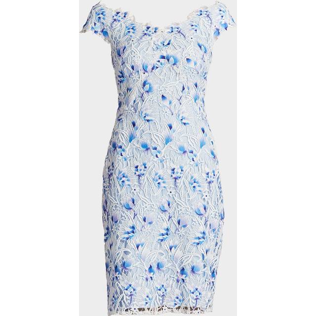 Off-Shoulder Floral Lace Dress - WHITE BLUE - 16