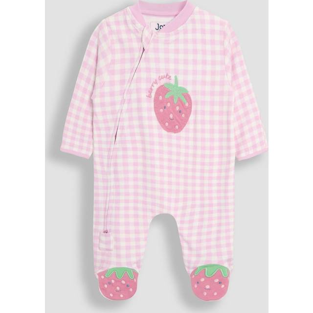 JoJo Maman Bebe Baby Girls Strawberry Gingham Applique Zip Sleepsuit - Pink, Pink, Size 9-12 Months - 9-12 MONTHS
