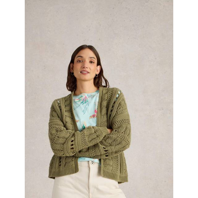 White Stuff Casey Crochet Organic Cotton Rich Cardigan, Khaki