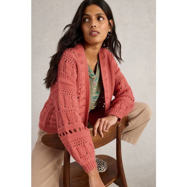 White Stuff Casey Crochet Organic Cotton Rich Cardigan, Mid Coral