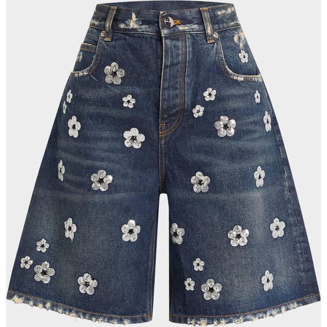 Daisy Sequined Wide-Leg Denim Bermuda Shorts - VINTAGE INDIGO - 30