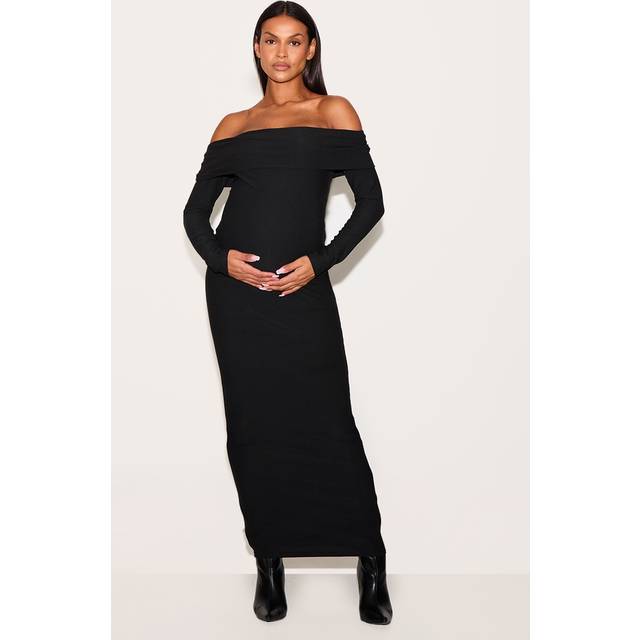 Maternity Black Soft Touch Fold Over Bardot Maxi Dress, Black - 6
