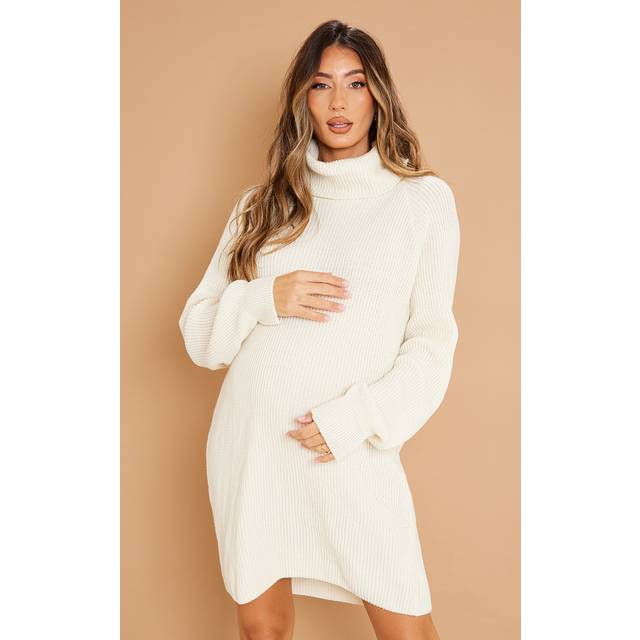 Maternity Cream High Neck Oversized Jumper Dress, White - 6