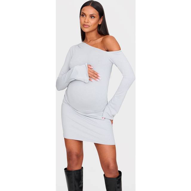 Maternity Grey Asymmetric Ruched Long Sleeve Mini Dress, Grey - 8