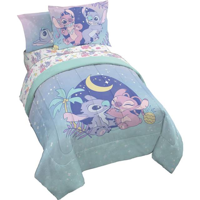 Disney Lilo and Stitch Twin Size Comforter Set - 5 Piece Floral Bedding Includes Sheet Set & Pillow Covers Features Angel - Super Soft Purple & Teal S