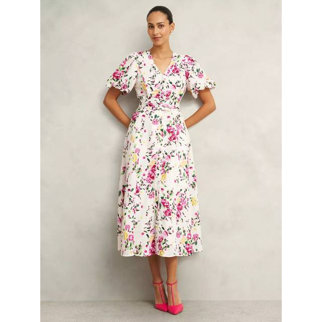 Hobbs Taylor Floral Linen Blend Dress, Ivory/Multi