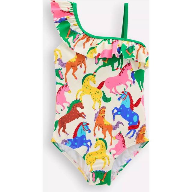 Mini Boden Kids' Lila One Shoulder Swimsuit, Multi Rainbow Horses