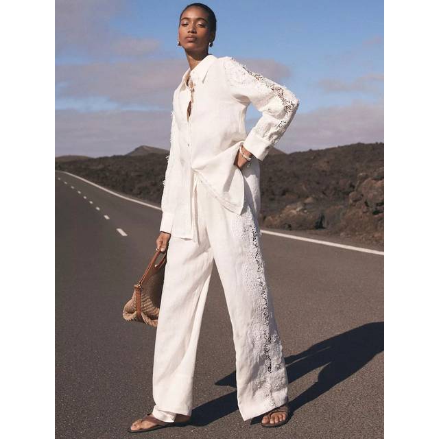 Mint Velvet Lace Trim Pure Linen Wide Leg Trousers, White Ivory