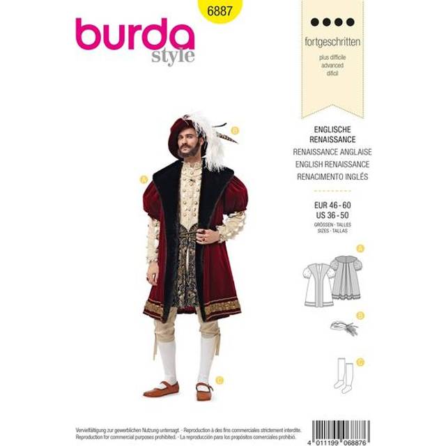 Burda Sewing Pattern 6887 Men 36-38-40-42-44-46-48-50 Costumes, Vintage Style