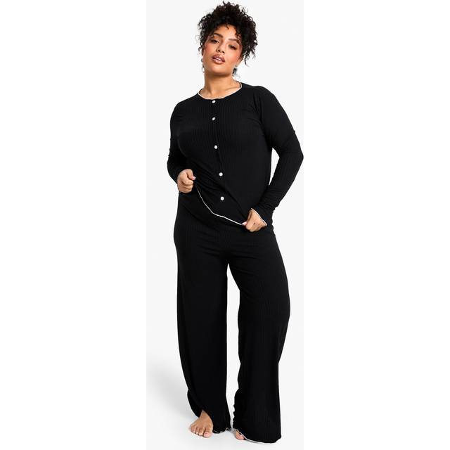 Womens Plus Rib Contrast Button Rib Top & Trouser PJ Set - Black - 16