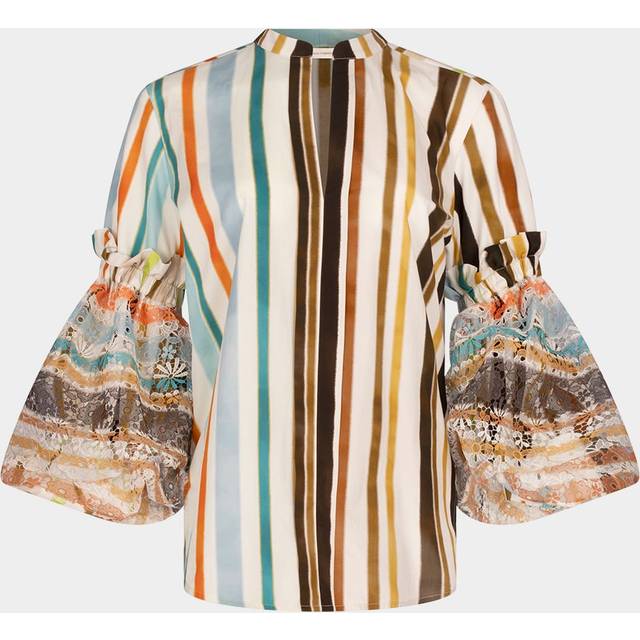 Nuru Striped Eyelet Puff-Sleeve Blouse - MULTI COLOR STRIPES - Small
