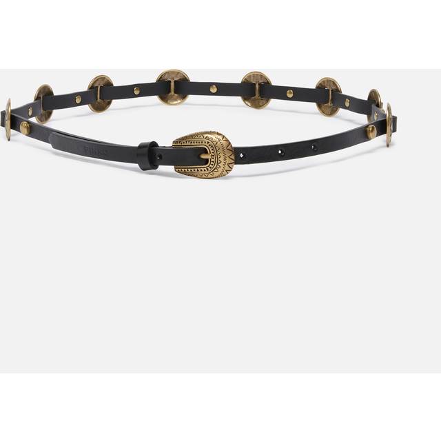 Pinko, Ceinture fine avec plaques en métal gravées de 1 cm, Noir limousine-laiton, XS