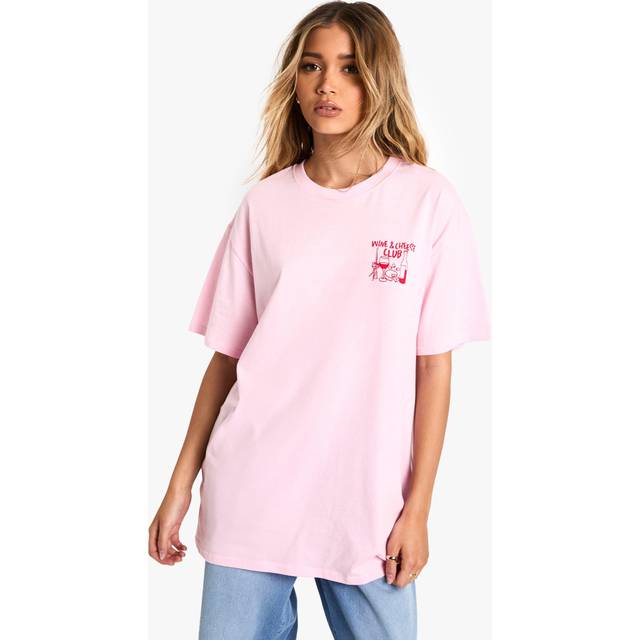Womens Wine Club Oversized T-Shirt - Pink - L, Pink