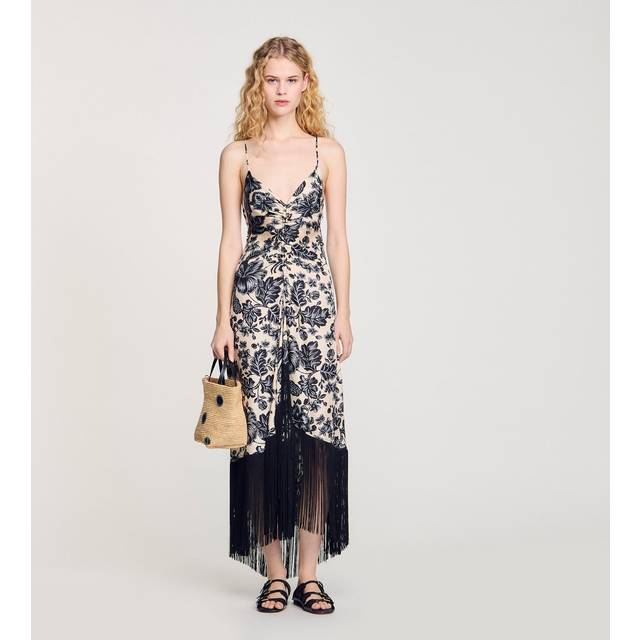Floral Fringed Dress - ECRU / BLACK - Evelyne and Didier Chetrite founded Sandro in 1984, setting up shop in Paris. The brand's design aesthetic is inspired by Evelyne's childhood in Morocco and classic Parisian chic style, resulting in collections filled with flowing silhouettes, feminine details and vibrant hues and prints. Offering an array of wardrobe staples, occasionwear and accessories, there is something for everyone.
