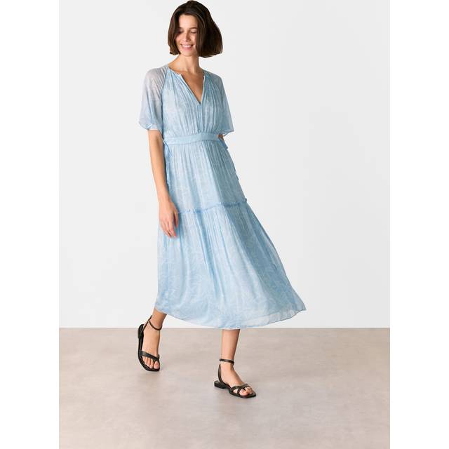 Whistles Bamboo Leaves Gathered Dress, Light Blue/White