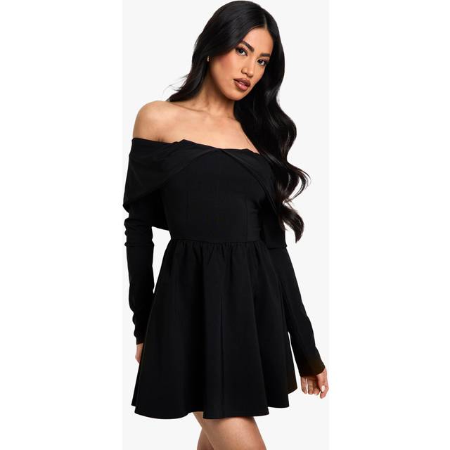 Womens Bengaline and Slinky Mix Long Sleeve Skater Dress - Black - 8