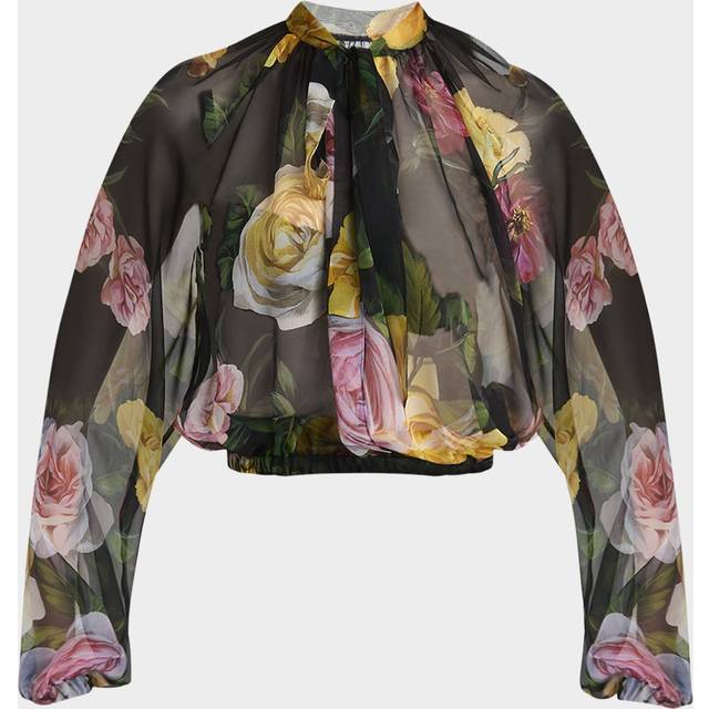 Rose Tie-Neck Chiffon Cropped Blouse - BLACK - 48 IT (12 US)