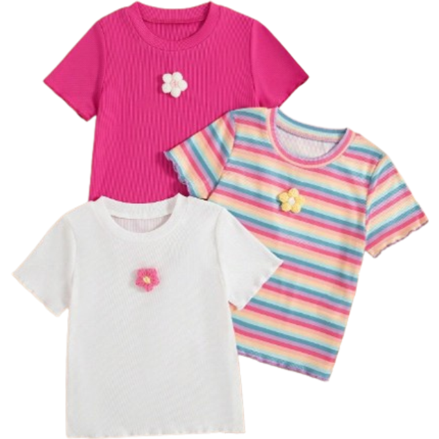SHEIN 3pcs/Set Young Girl Casual Ribbed Short Sleeve Floral Top + Colorful Stripe Short Sleeve