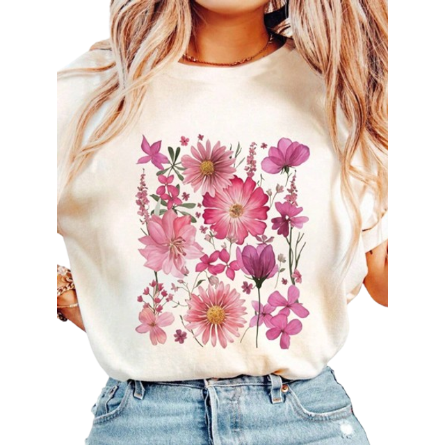 INAWLY Oversized Retro Boho Style Floral Graphic Printed T-Shirt For Women Graphic Tees Women Tops