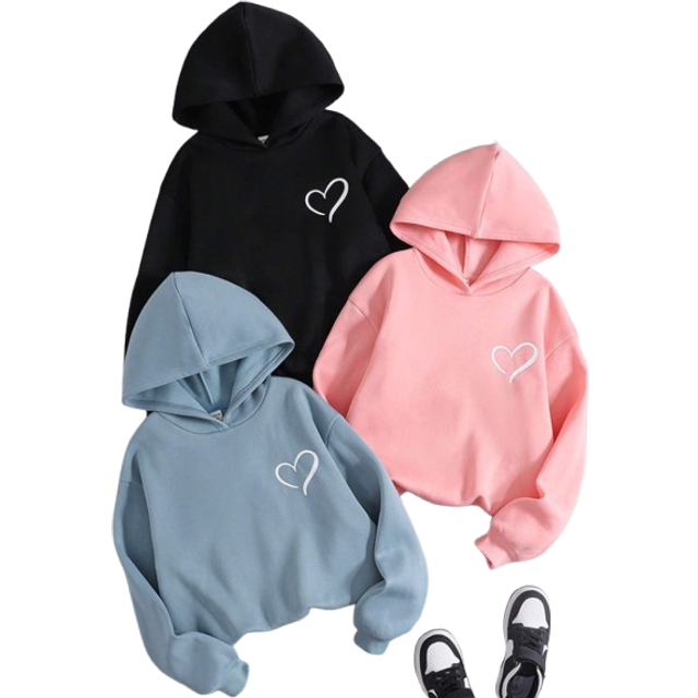 SHEIN 3pcs/Set Tween Girls Loose Casual Heart Printed Soft Cozy Hoodie Sweatshirt Set