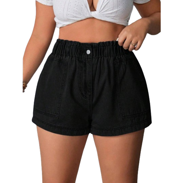 Breezaya Plus Size Elastic Waist Slanted Pocket Cuffed Denim Shorts