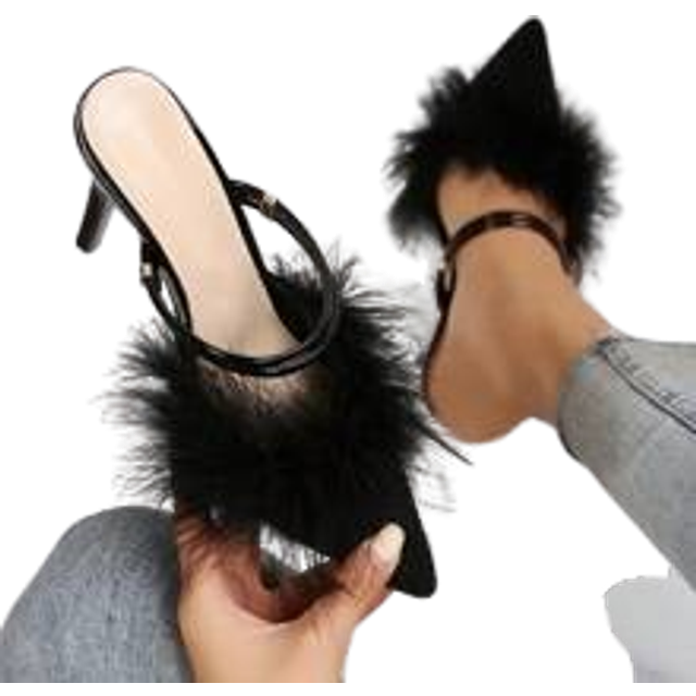 SHEIN Women&#39;s Fuzzy Pointed Toe Slim High Heel Mules, European Style Closed Toe Slides