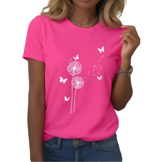INAWLY Women Summer Casual Dandelion & Butterfly Pattern Short Sleeve Round Neck T-Shirt Graphic Tees Women Tops