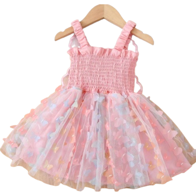 SHEIN 1pc Baby Girl Lovely Elegant Sweet Princess 3D Butterfly Embroidery Mesh Tulle Decor Colorful Tulle Strap Dress Costume, Party/Birthday/Beach, Spring/