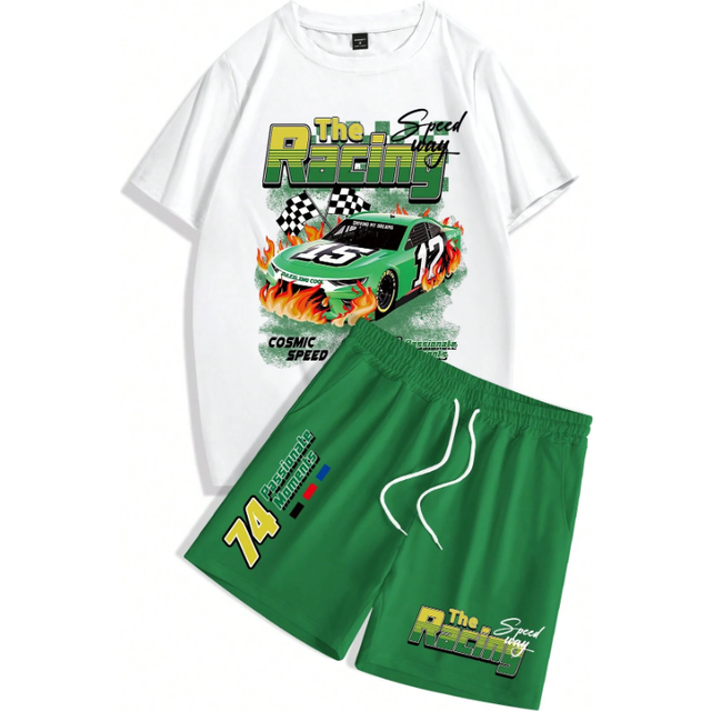 Manfinity Men&#39;s Summer Letter Printed Car Patterned Casual Round Neck Short Sleeve T-Shirt And Drawstring Waist Shorts Set