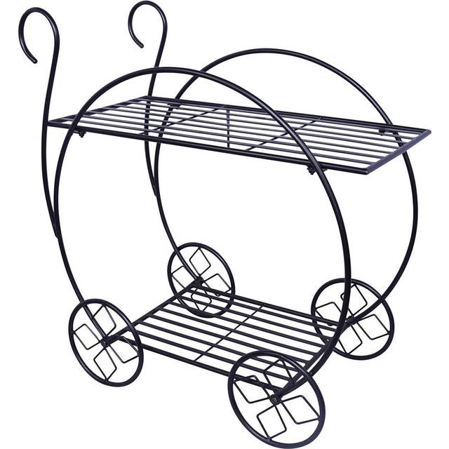 Metal Garden Cart Plant Stand - 2 Tier Parisian Style Flower Pot Display with 2 Shelves for Home or Garden - H73 x W70 x D34cm - Black - One Size