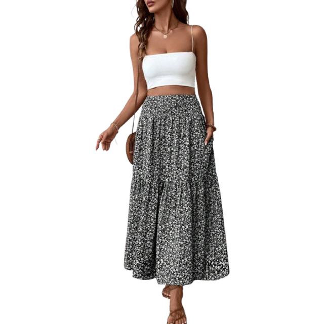 SHEIN Women&#39;s Maxi Skirt Tiny Floral Casual Elastic Waist With Pockets Ruffled Hem Ladies Summer A-Line Long Skirts