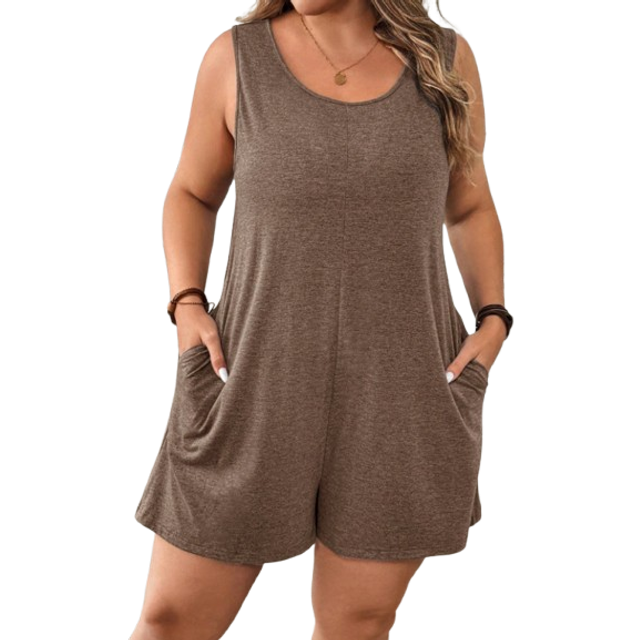 Luneh Plus Size Women Summer Solid Color Crew Neck Dual Pocket Casual Jumpsuit