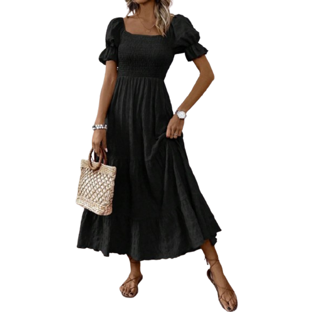 SHEIN Ladies&#34; Summer Holiday Solid Color Textured Bubble Sleeve Long Dress Maxi Women Outfit