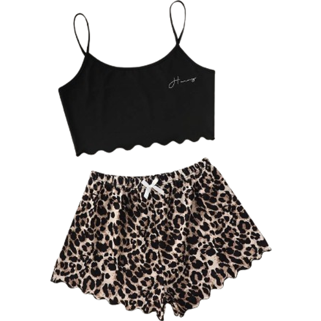 SHEIN Letter Graphic Scallop Hem Cami Top And Leopard Shorts PJ Set / Pajama Set