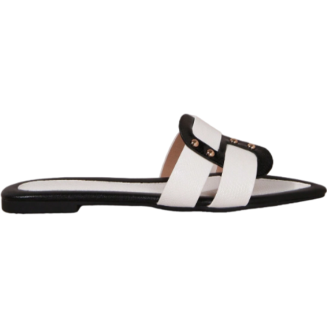 Platta sandaler för kvinnor, färgblockerande design med spetsad tå Fashion Outdoor Casual rutschkanor, fest- och reseskor - Svart och Vitt (EUR35,EUR36,EUR37,EUR38,EUR39,EUR40,EUR41,EUR42,EUR43)