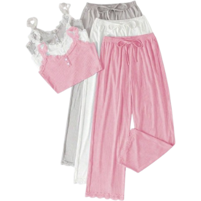 SHEIN 3 Sets Women&#39;s Lace Patchwork Front Button Sleeveless Top And Pants Set Lounge Set