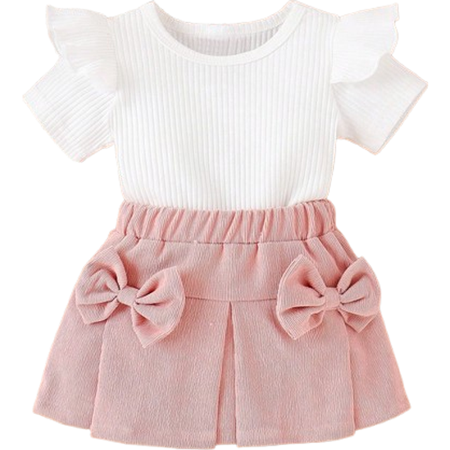 SHEIN Baby Girl Sweet Ruffle Short Sleeve Top With Bow Decoration And A-Line Skirt Set, Summer