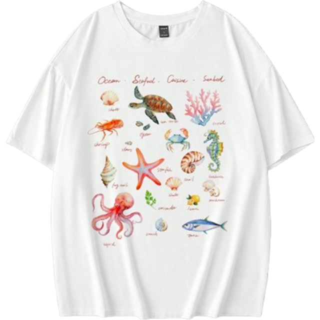 SHEIN Plus Size Women&#39;s Marine Animals Graphic Round Neck Short Sleeve Loose T-Shirt, Plus Size, Suitable For Summer