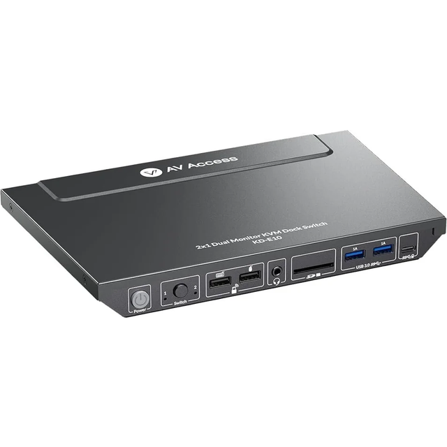 AV Access KD-E10 Dockningsstation & KVM Switch för 2 datorer till 2 skärmar HDMI 4K60Hz, 100W PD, 3 x USB, 1G Ethernet, SD, 3.5 mm AUX Audio EDID