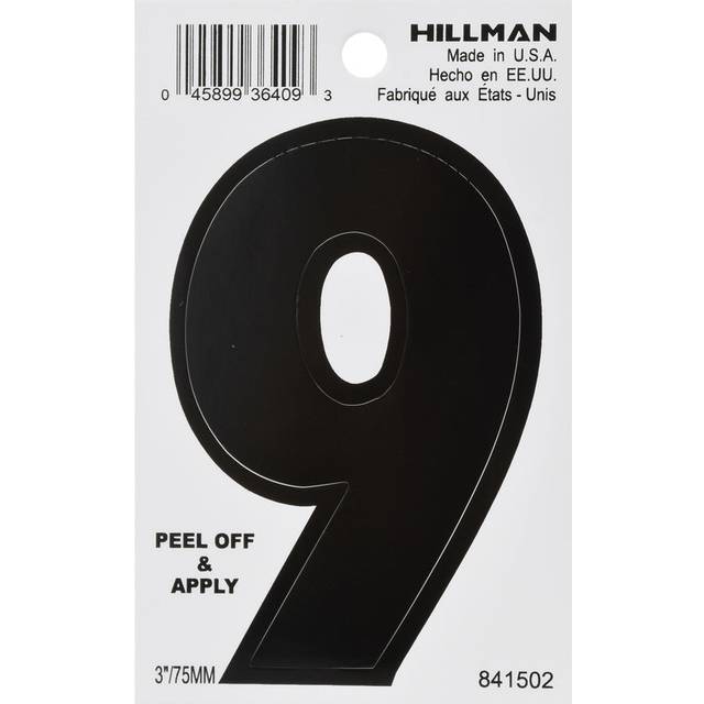 "5028800 3"""""""""""""""" BLK #9 VINYL ADHV 1PC Hillman 3 in. Black Vinyl Self-Adhesive Number 9 1 pc (Pack of 6)"