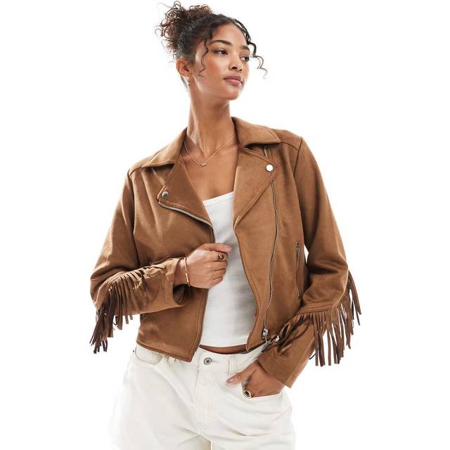 New Look Women's Tan Fringe Trimmed Faux Suede Jacket - UK 12