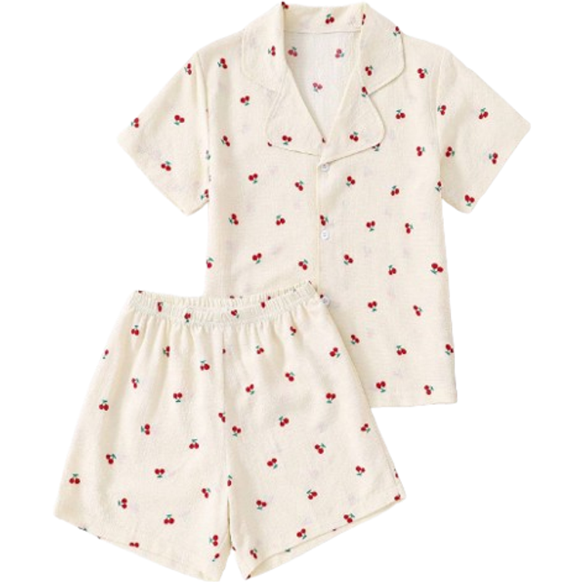 SHEIN Tween Girl Two Pieces Set Of Cute Bubble Pleated Cherry Print Pajamas, Comfortable Fabric And Lapel Design, Perfect For Pajama Parties And Relaxing Ni