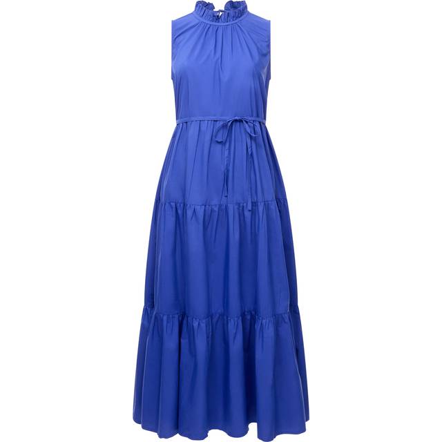Cotton Blend Sleeveless Poplin Tiered Midi Dress - Blue - 10