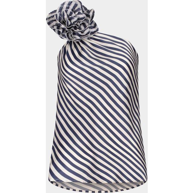 Sebastiana Sequined Flower Striped One-Shoulder Blouse - WHITE BLUE STRIPES - Medium