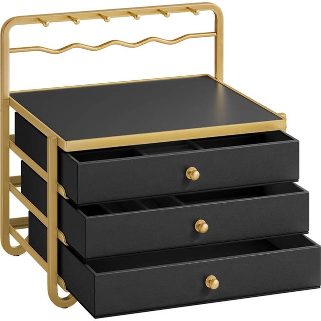 3-Drawer Jewelry Box With Open Storage, Hanging Rack, Metal Frame, 20.5 X 22.7 X 23.5 Cm, Jet Black (24cm H X 25cm W X 21cm D)